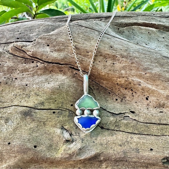 Hand Crafted Jewelry - Double sea glass necklace Handmade 995 925 sterling silver soldered Puerto Rico